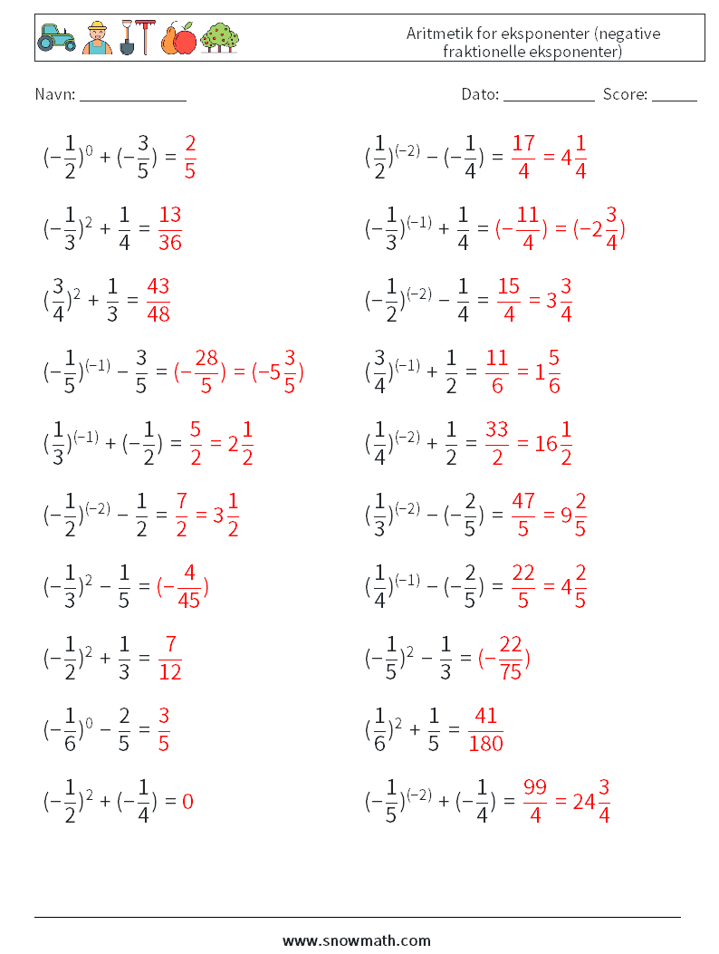  Aritmetik for eksponenter (negative fraktionelle eksponenter) Matematiske regneark 8 Spørgsmål, svar