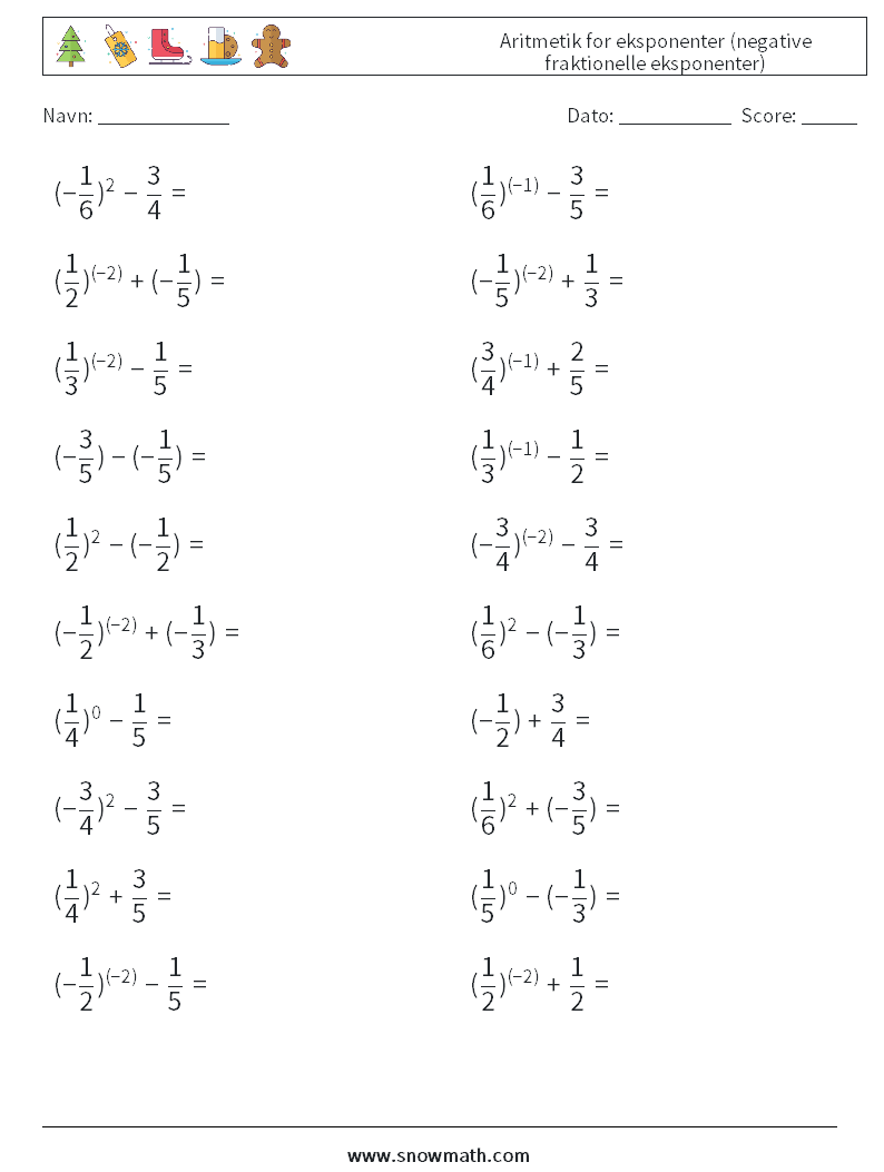  Aritmetik for eksponenter (negative fraktionelle eksponenter) Matematiske regneark 9