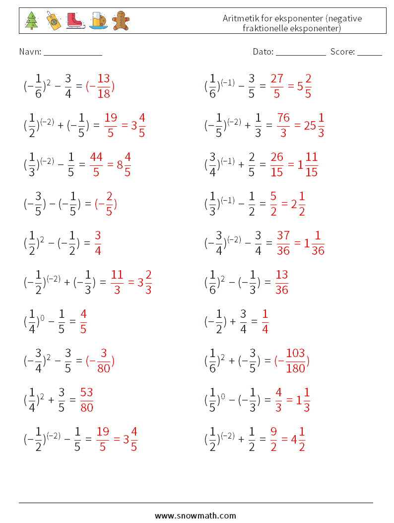  Aritmetik for eksponenter (negative fraktionelle eksponenter) Matematiske regneark 9 Spørgsmål, svar