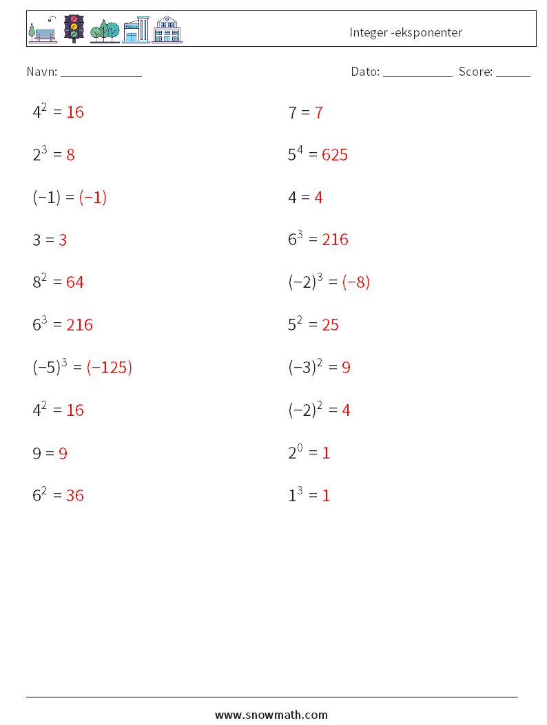 Integer -eksponenter Matematiske regneark 1 Spørgsmål, svar