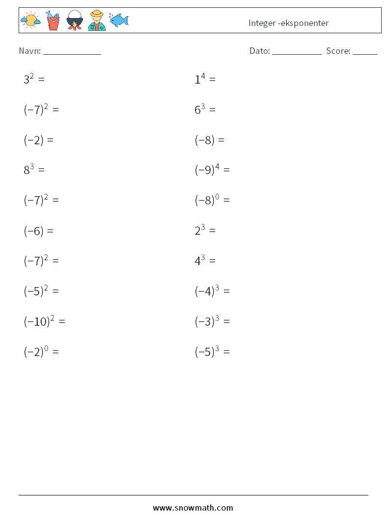 Integer -eksponenter Matematiske regneark 2