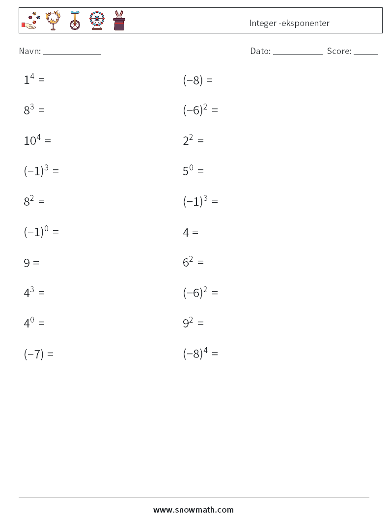 Integer -eksponenter Matematiske regneark 3