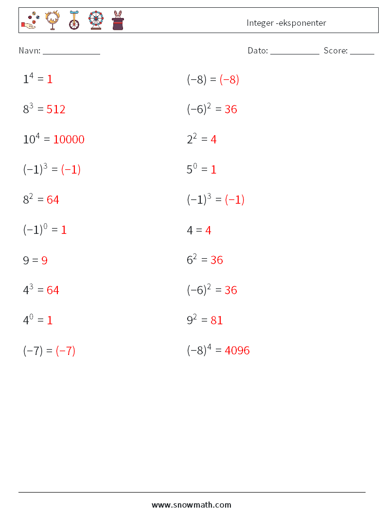 Integer -eksponenter Matematiske regneark 3 Spørgsmål, svar