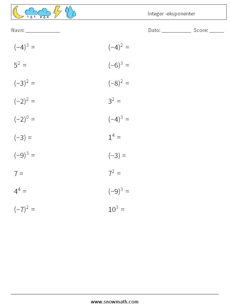 Integer -eksponenter Matematiske regneark 4