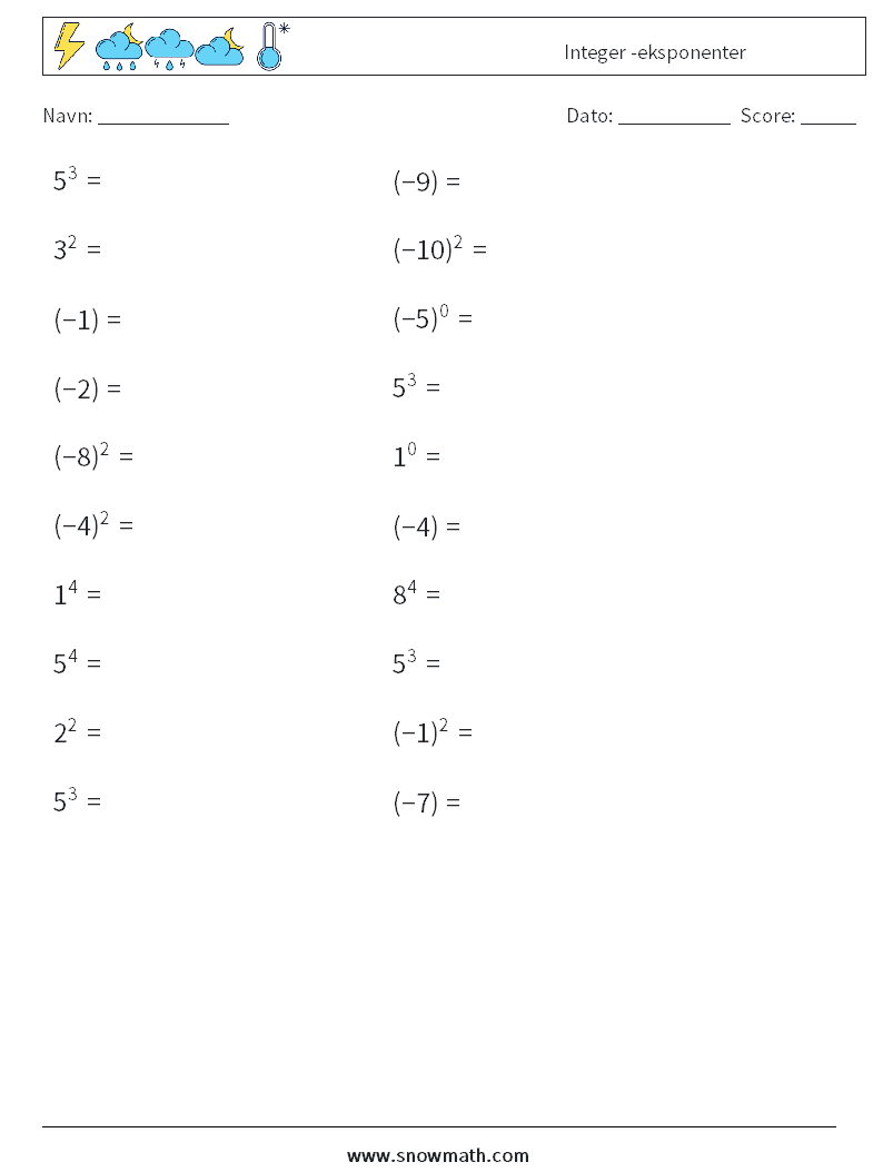Integer -eksponenter Matematiske regneark 5