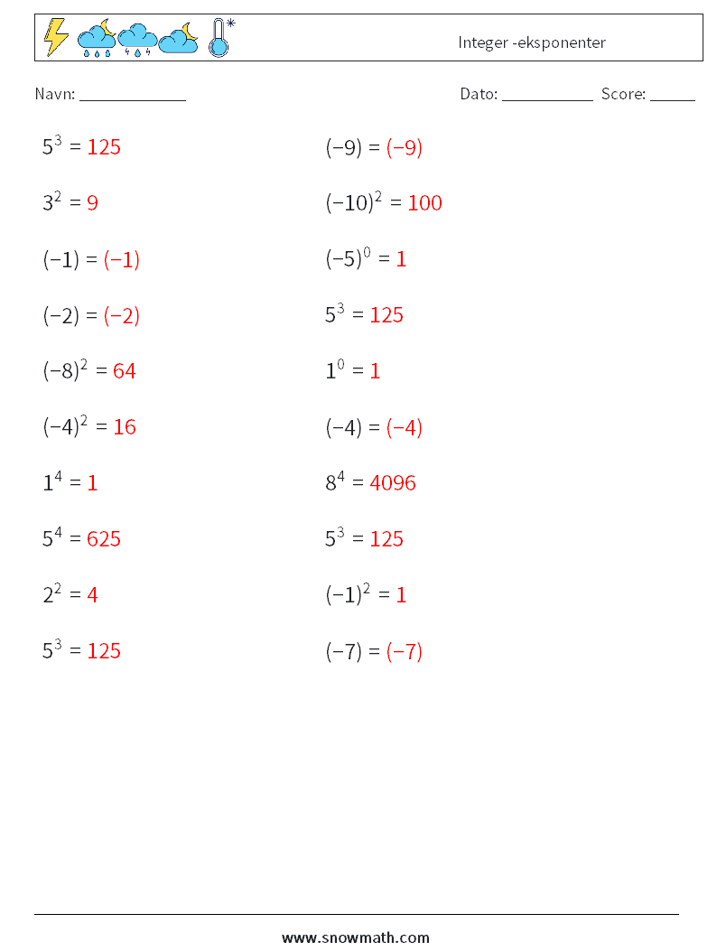 Integer -eksponenter Matematiske regneark 5 Spørgsmål, svar