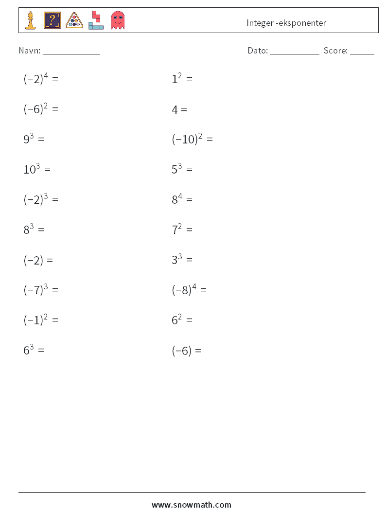 Integer -eksponenter Matematiske regneark 6