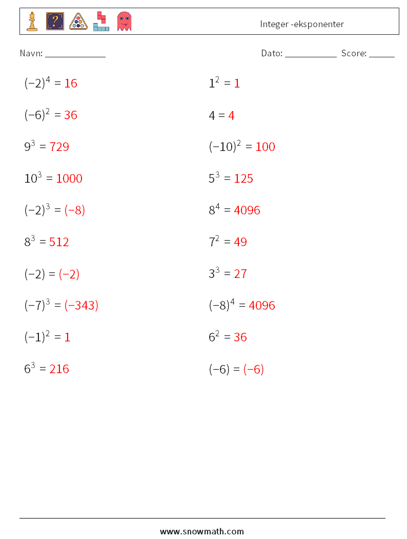 Integer -eksponenter Matematiske regneark 6 Spørgsmål, svar
