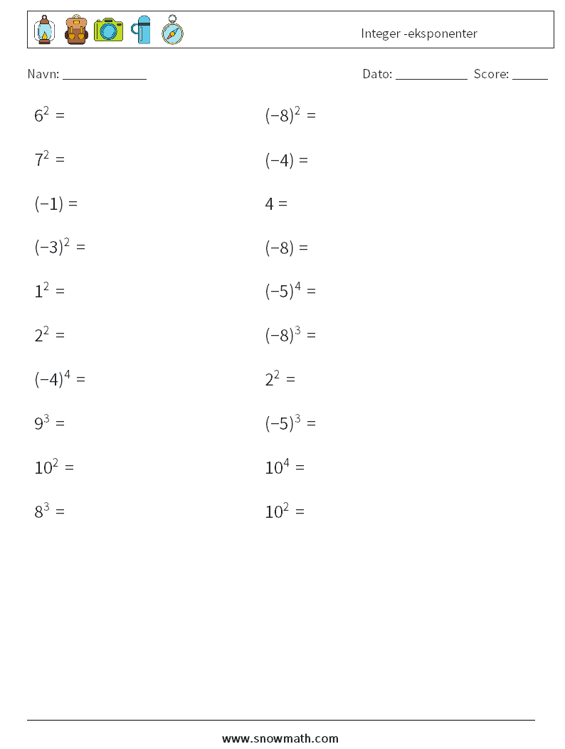 Integer -eksponenter Matematiske regneark 7