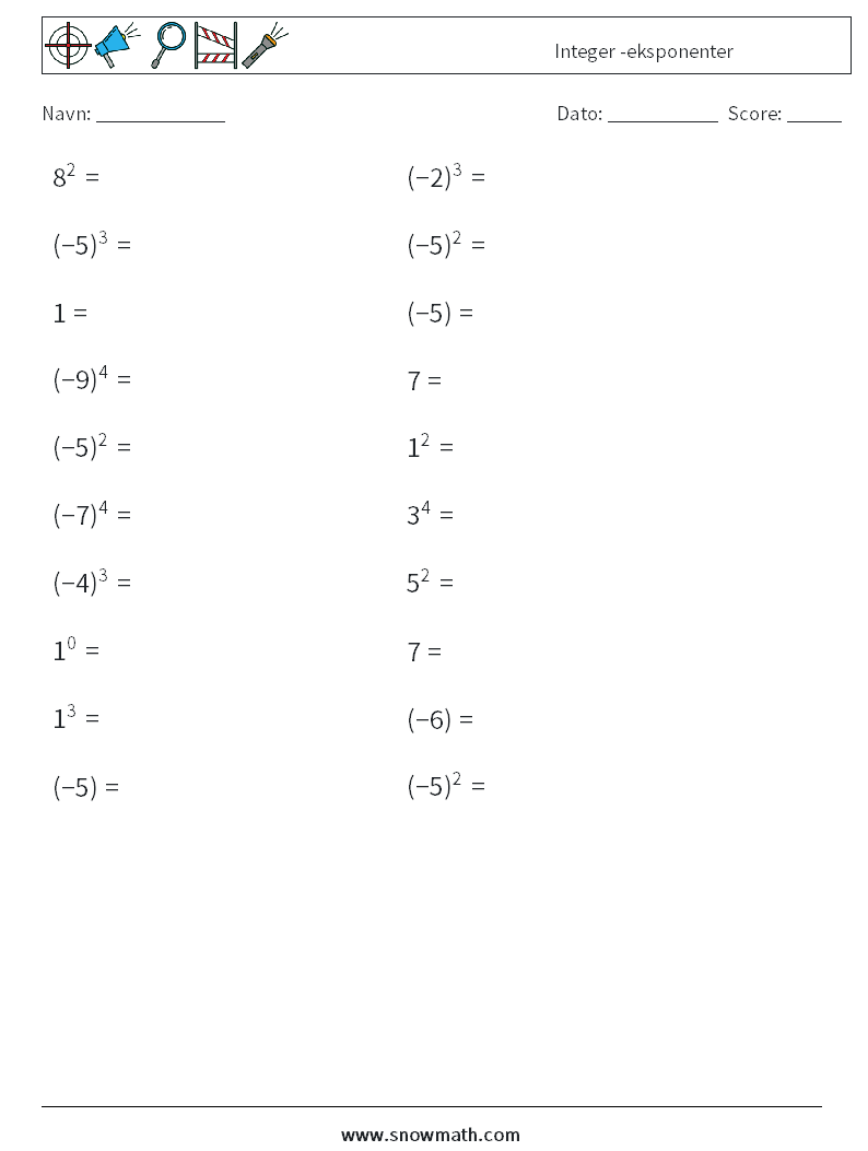 Integer -eksponenter Matematiske regneark 8