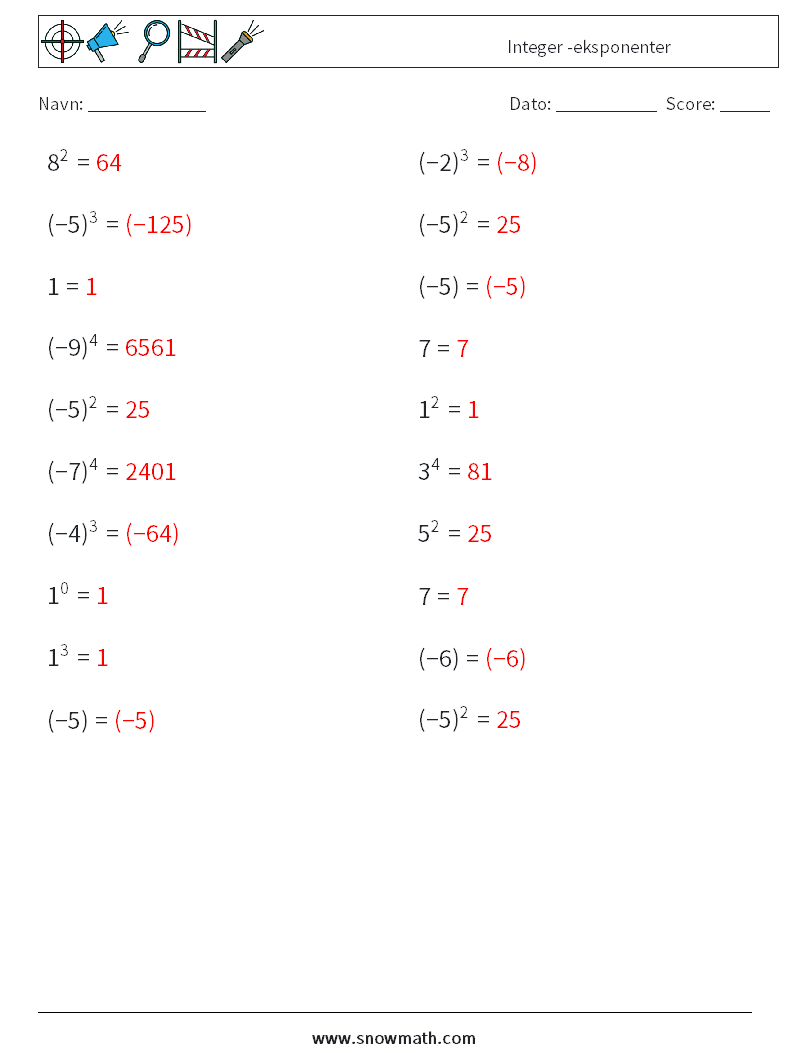 Integer -eksponenter Matematiske regneark 8 Spørgsmål, svar