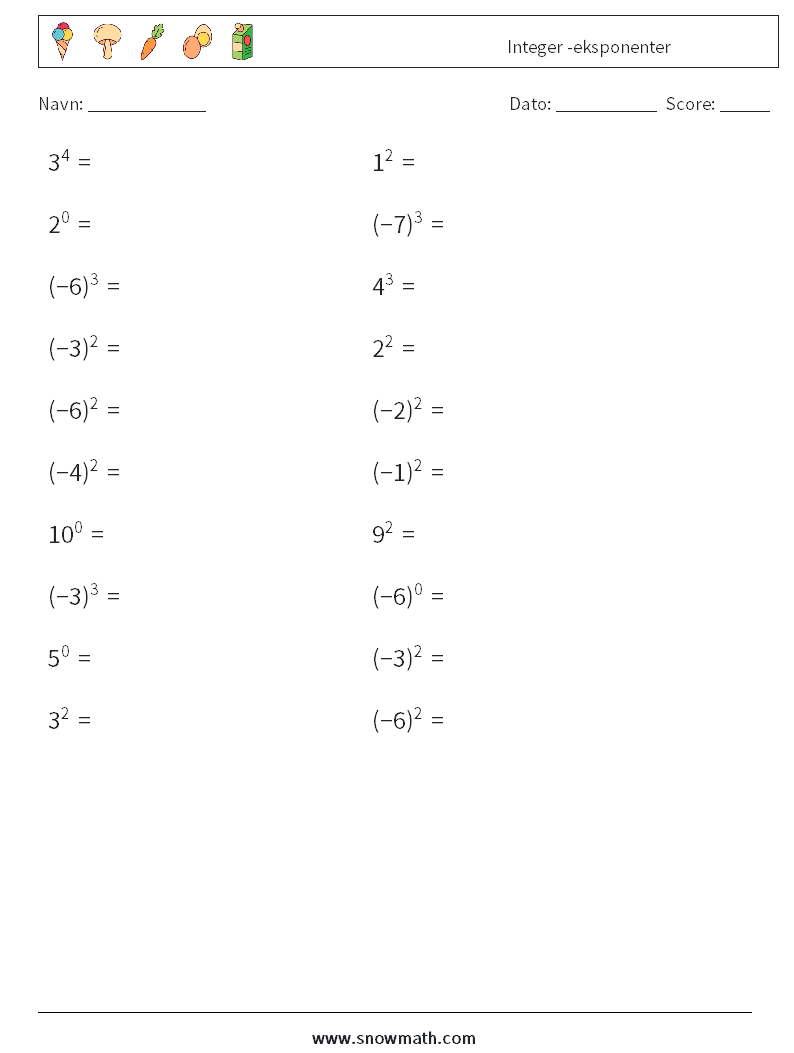 Integer -eksponenter Matematiske regneark 9
