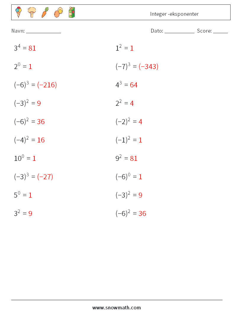 Integer -eksponenter Matematiske regneark 9 Spørgsmål, svar