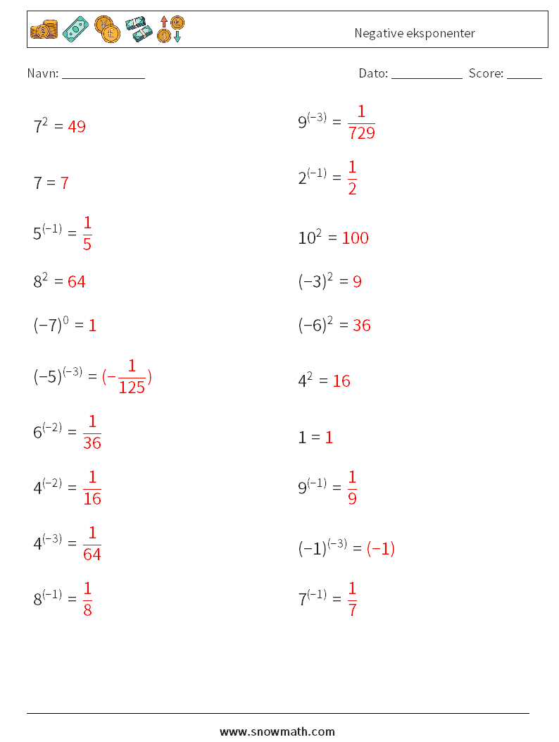  Negative eksponenter Matematiske regneark 1 Spørgsmål, svar