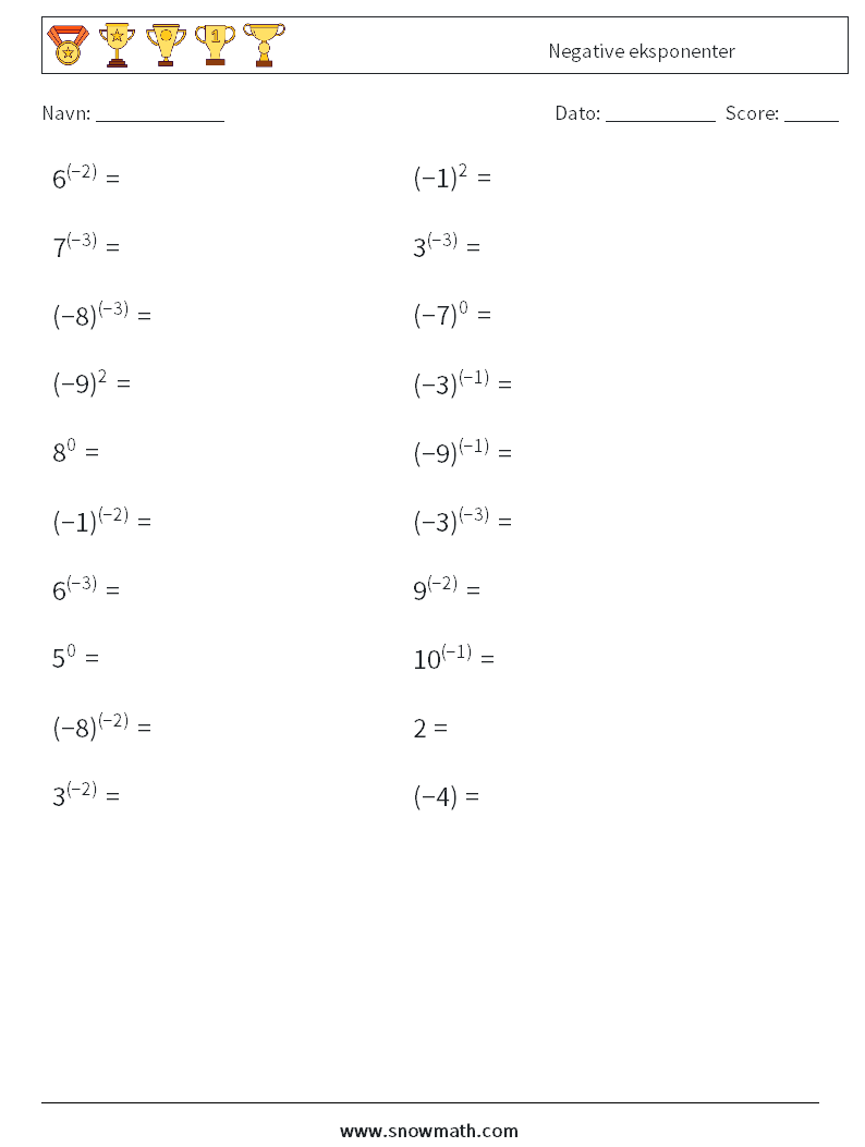  Negative eksponenter Matematiske regneark 4