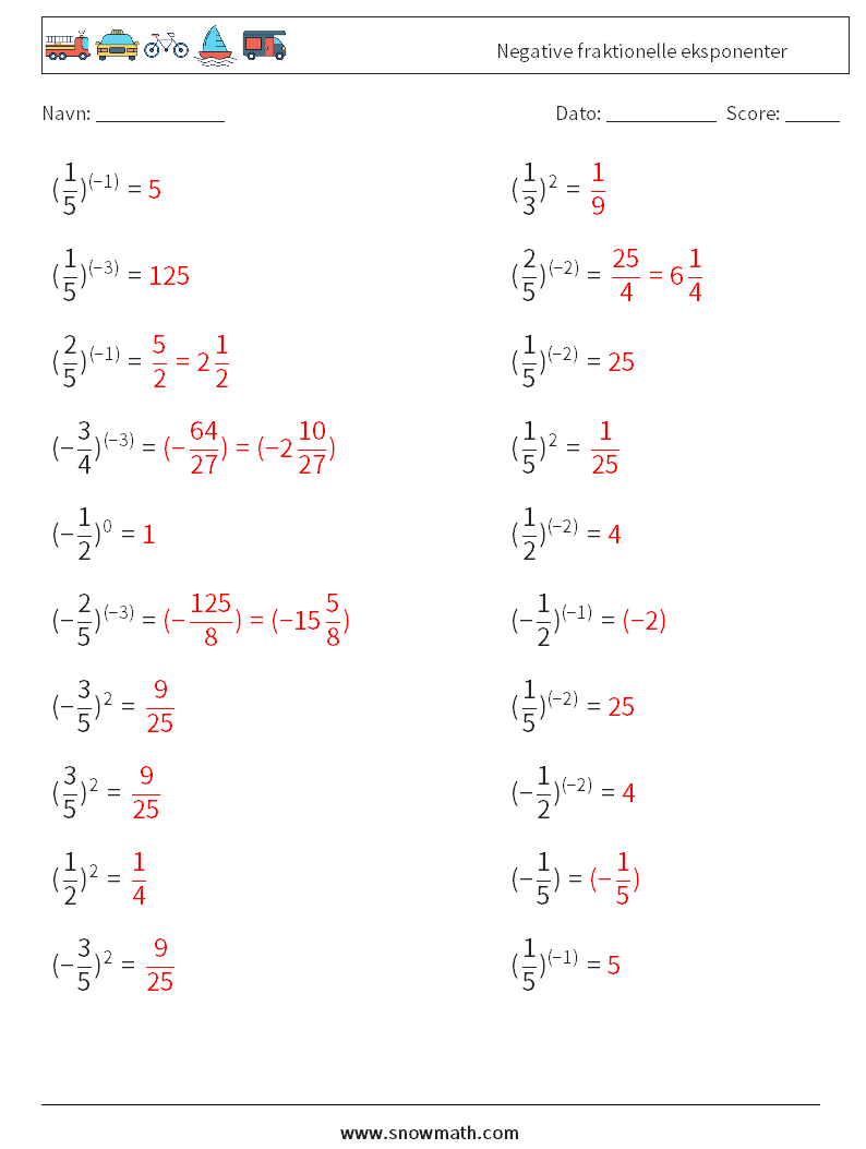 Negative fraktionelle eksponenter Matematiske regneark 6 Spørgsmål, svar