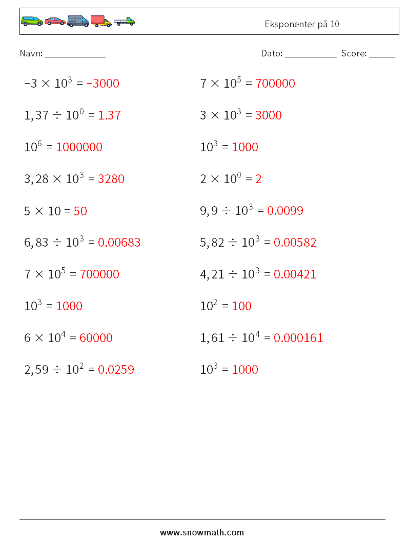 Eksponenter på 10 Matematiske regneark 4 Spørgsmål, svar