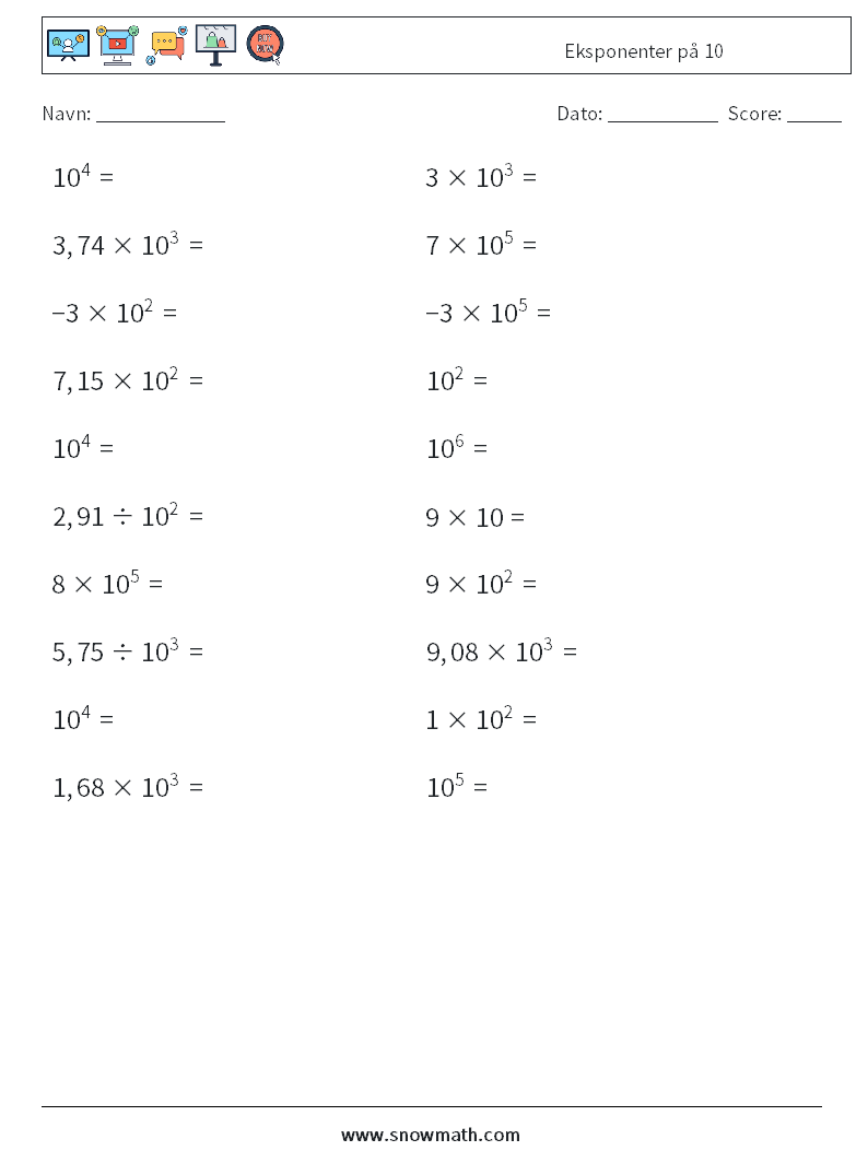 Eksponenter på 10 Matematiske regneark 5