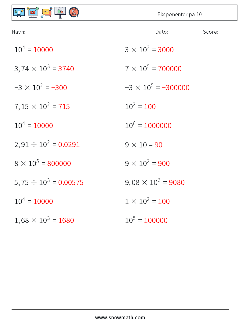 Eksponenter på 10 Matematiske regneark 5 Spørgsmål, svar