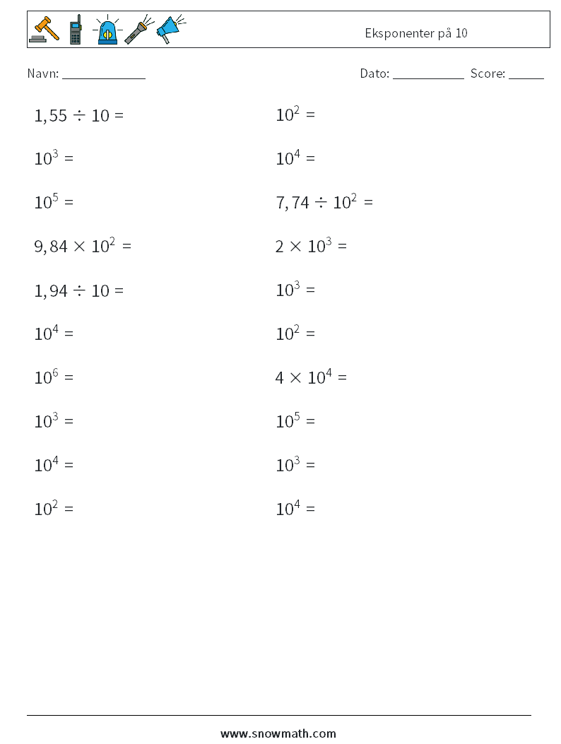 Eksponenter på 10 Matematiske regneark 6