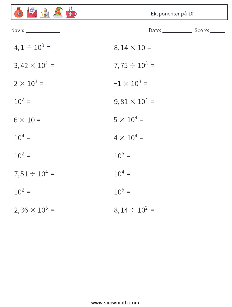 Eksponenter på 10 Matematiske regneark 9