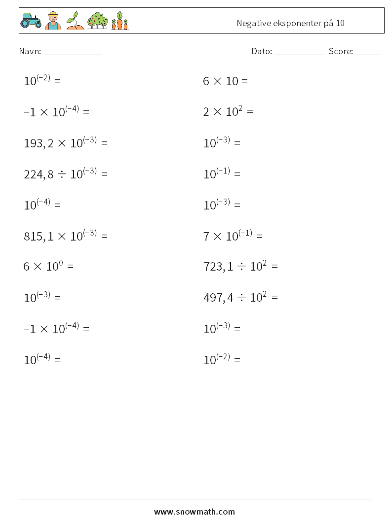 Negative eksponenter på 10 Matematiske regneark 3