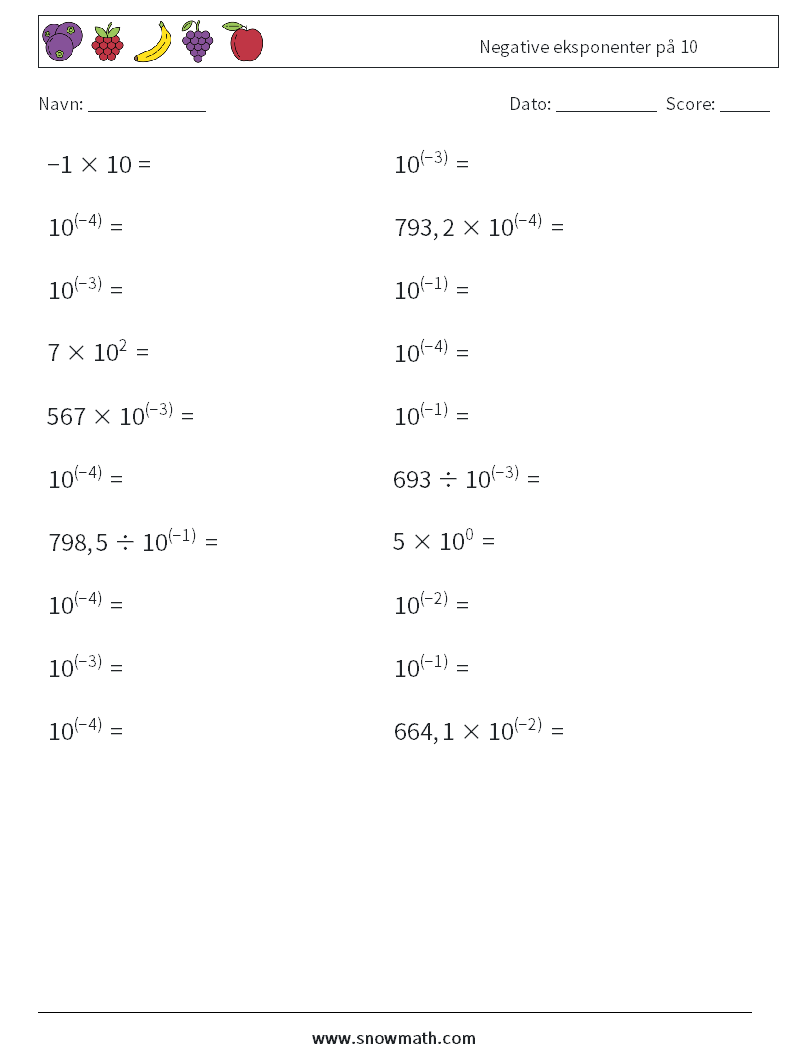 Negative eksponenter på 10 Matematiske regneark 9