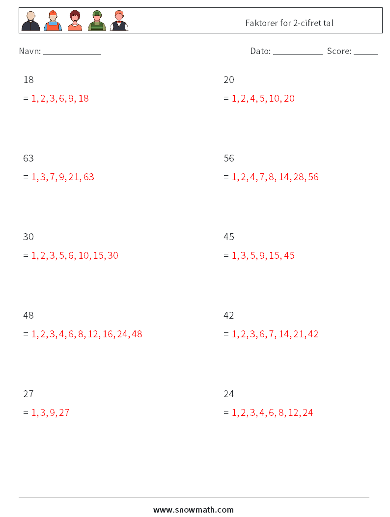 Faktorer for 2-cifret tal Matematiske regneark 1 Spørgsmål, svar