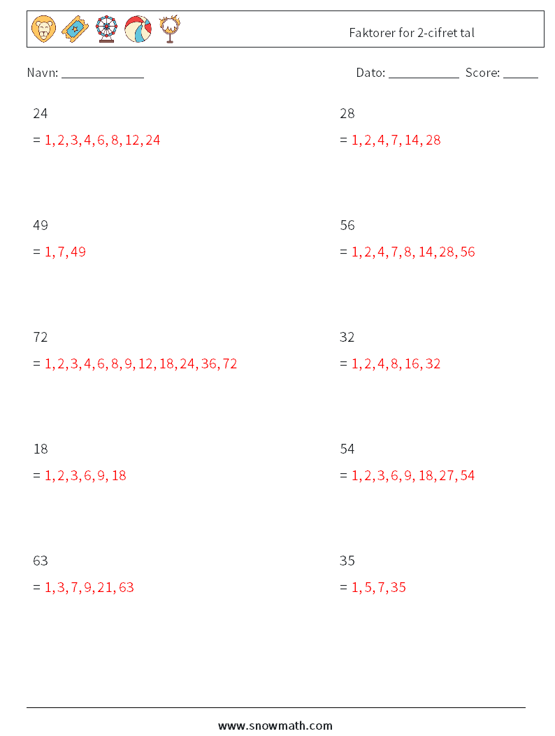Faktorer for 2-cifret tal Matematiske regneark 2 Spørgsmål, svar