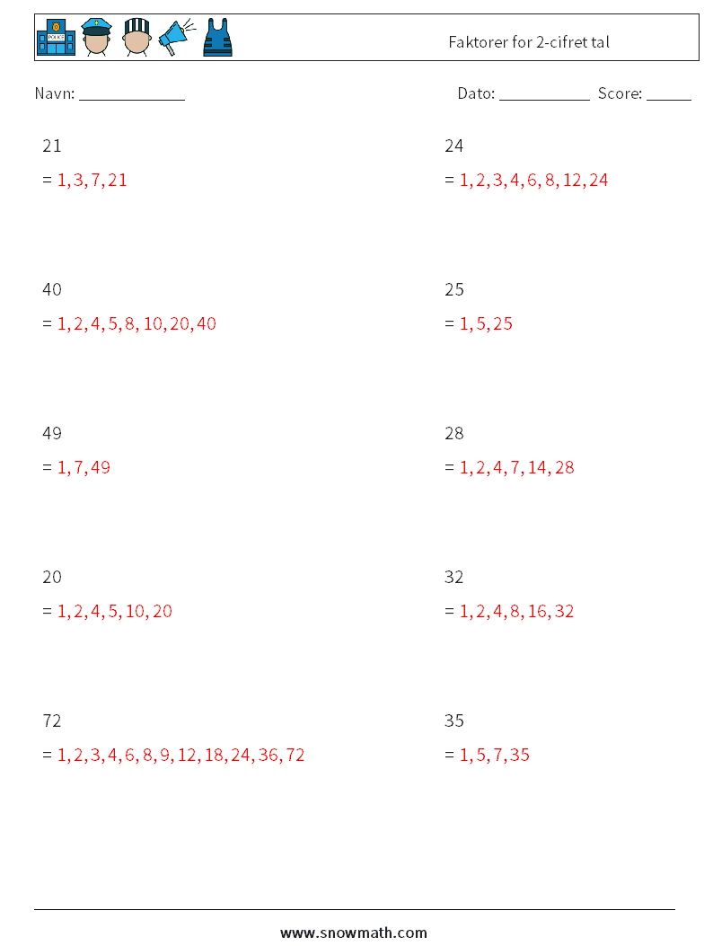 Faktorer for 2-cifret tal Matematiske regneark 3 Spørgsmål, svar