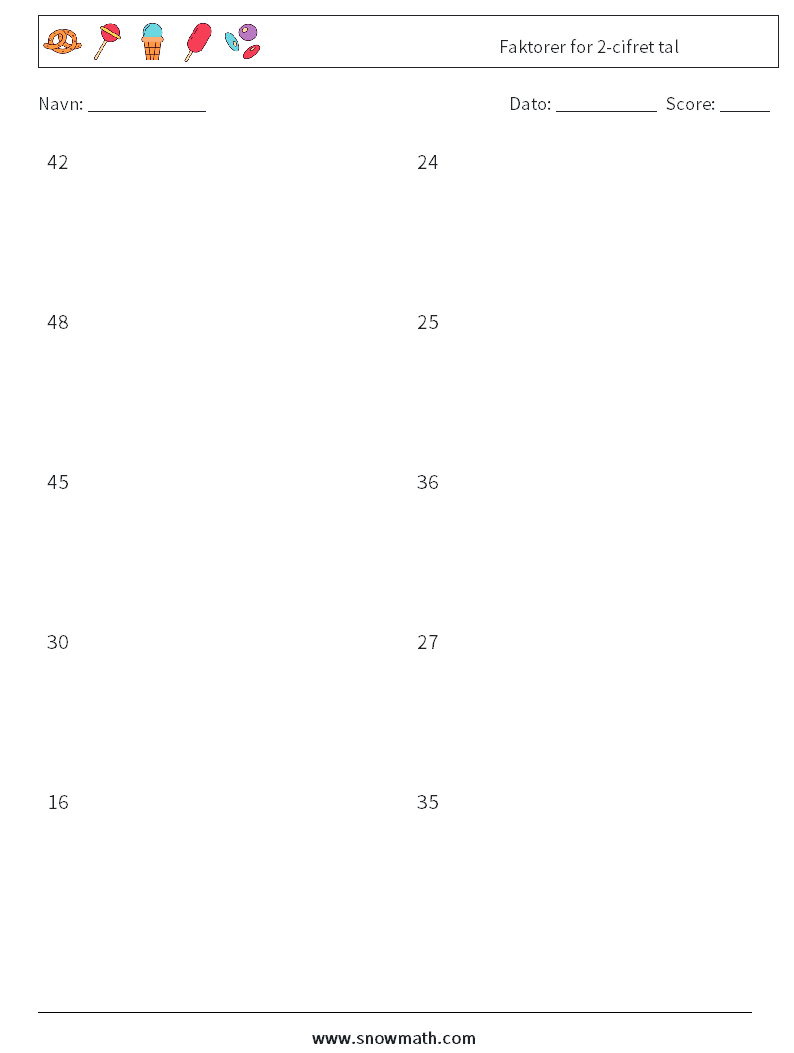 Faktorer for 2-cifret tal Matematiske regneark 5