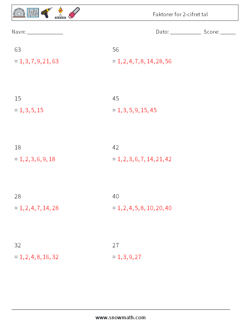 Faktorer for 2-cifret tal Matematiske regneark 6 Spørgsmål, svar