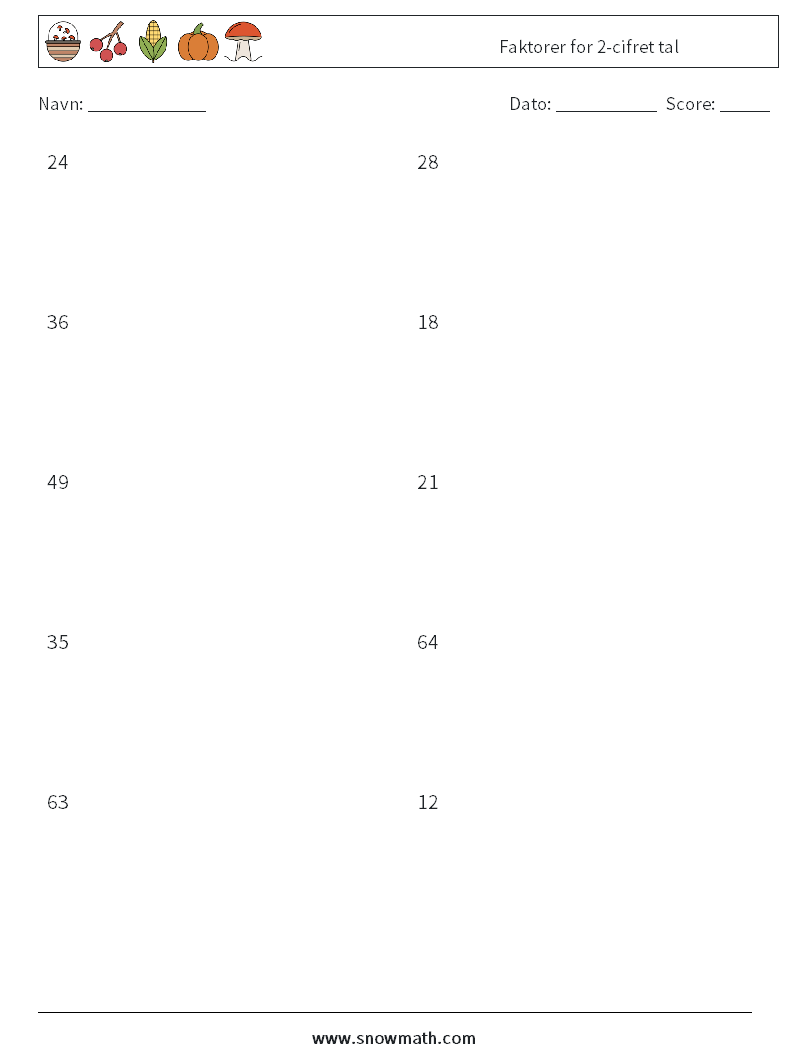 Faktorer for 2-cifret tal Matematiske regneark 7