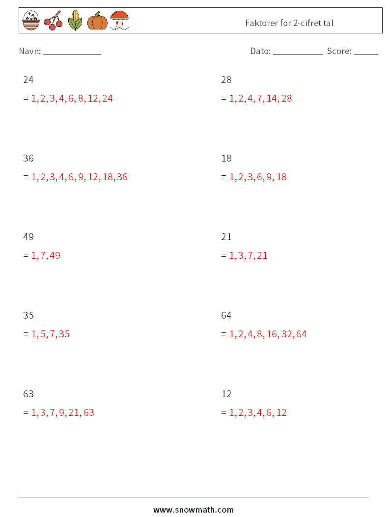 Faktorer for 2-cifret tal Matematiske regneark 7 Spørgsmål, svar