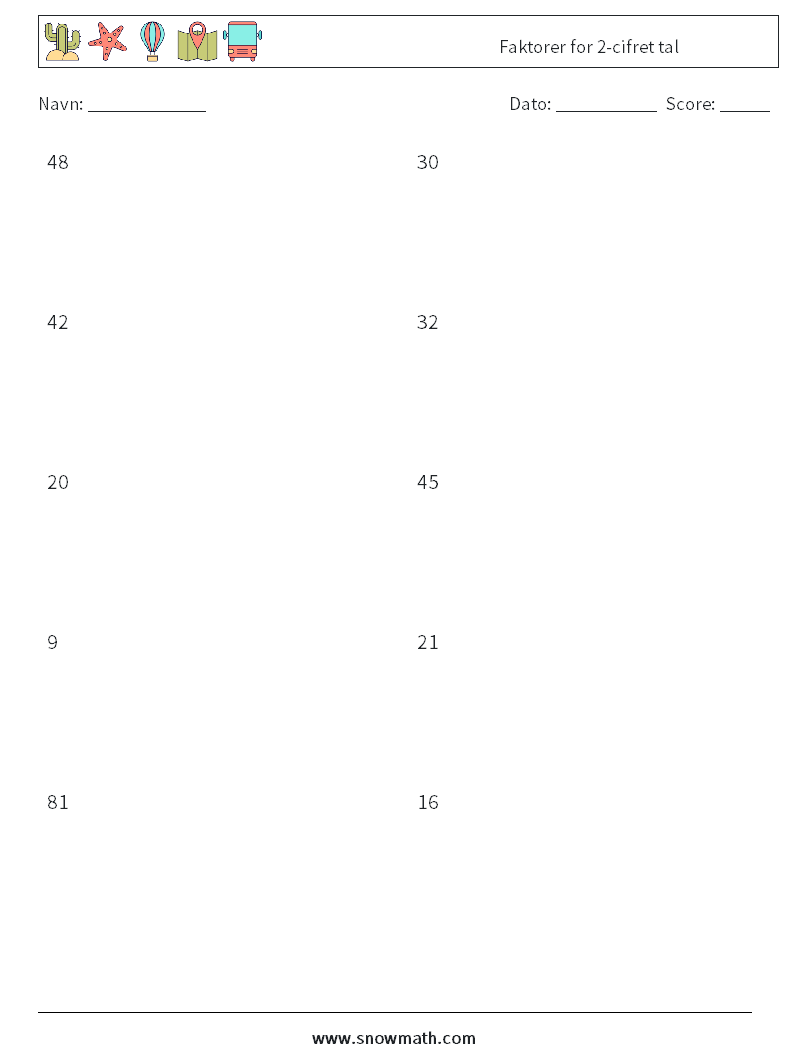 Faktorer for 2-cifret tal Matematiske regneark 9