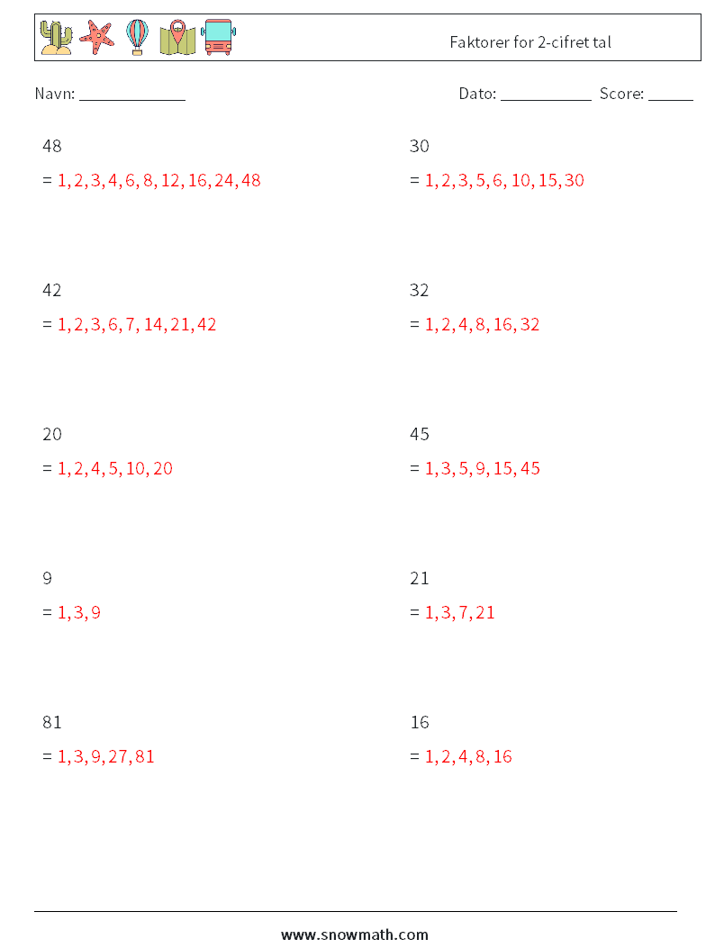 Faktorer for 2-cifret tal Matematiske regneark 9 Spørgsmål, svar