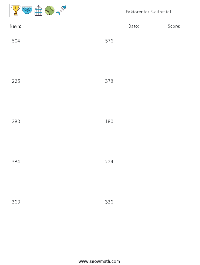 Faktorer for 3-cifret tal Matematiske regneark 2