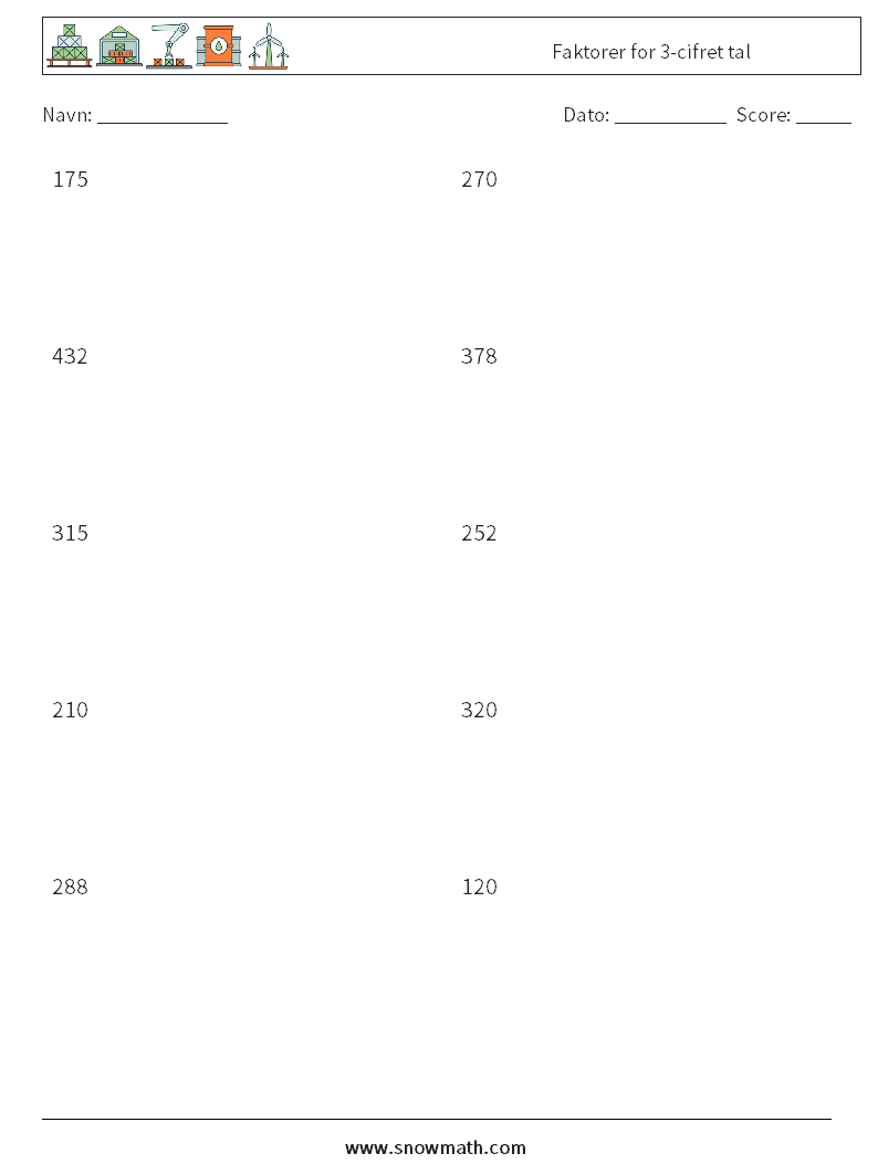 Faktorer for 3-cifret tal Matematiske regneark 4
