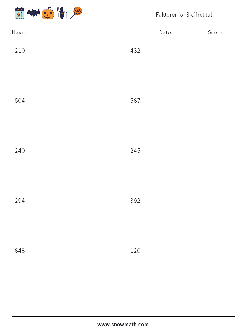 Faktorer for 3-cifret tal Matematiske regneark 6