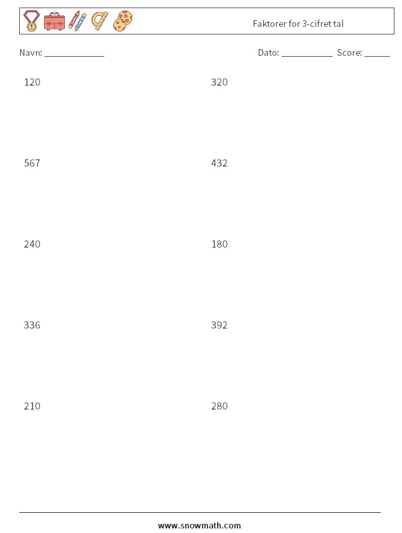 Faktorer for 3-cifret tal Matematiske regneark 7