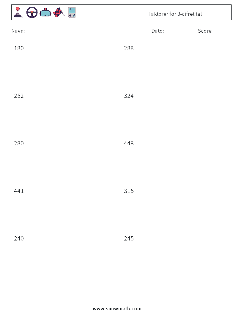Faktorer for 3-cifret tal Matematiske regneark 8