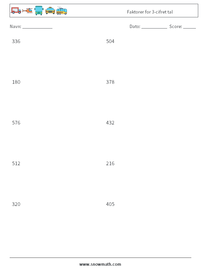 Faktorer for 3-cifret tal Matematiske regneark 9