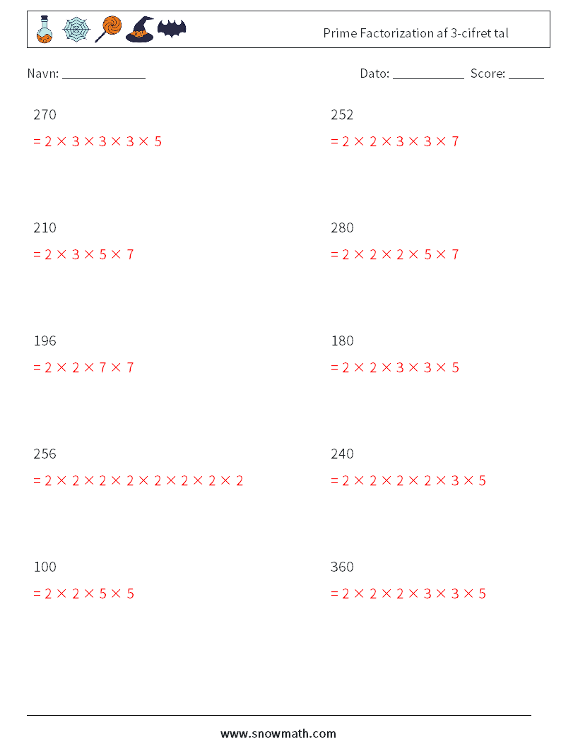 Prime Factorization af 3-cifret tal Matematiske regneark 3 Spørgsmål, svar