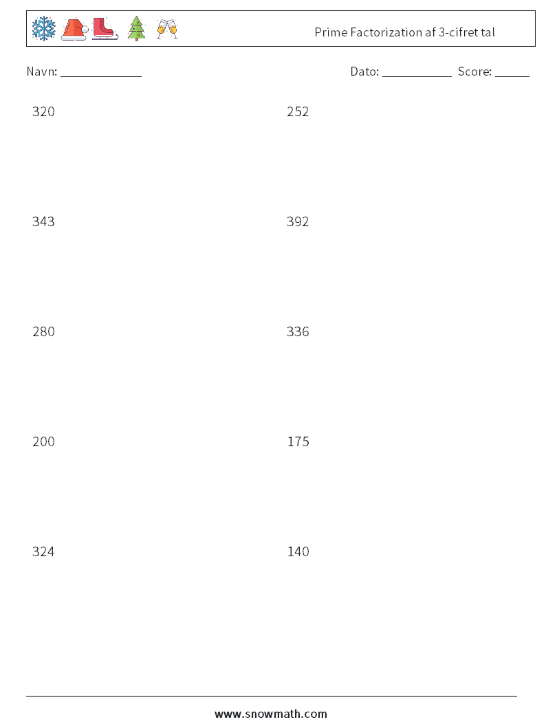 Prime Factorization af 3-cifret tal Matematiske regneark 6