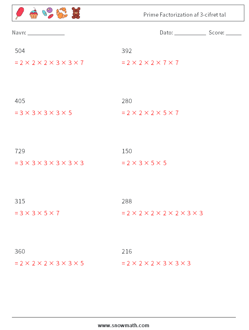 Prime Factorization af 3-cifret tal Matematiske regneark 7 Spørgsmål, svar