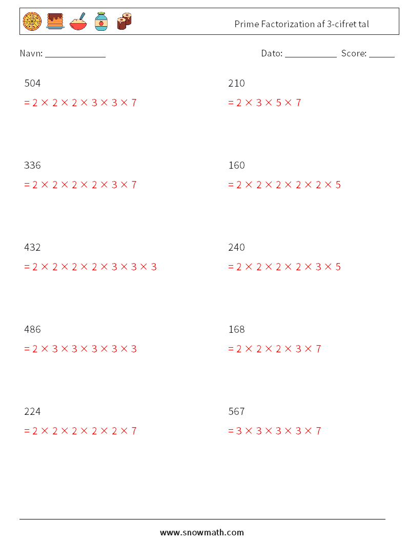 Prime Factorization af 3-cifret tal Matematiske regneark 8 Spørgsmål, svar