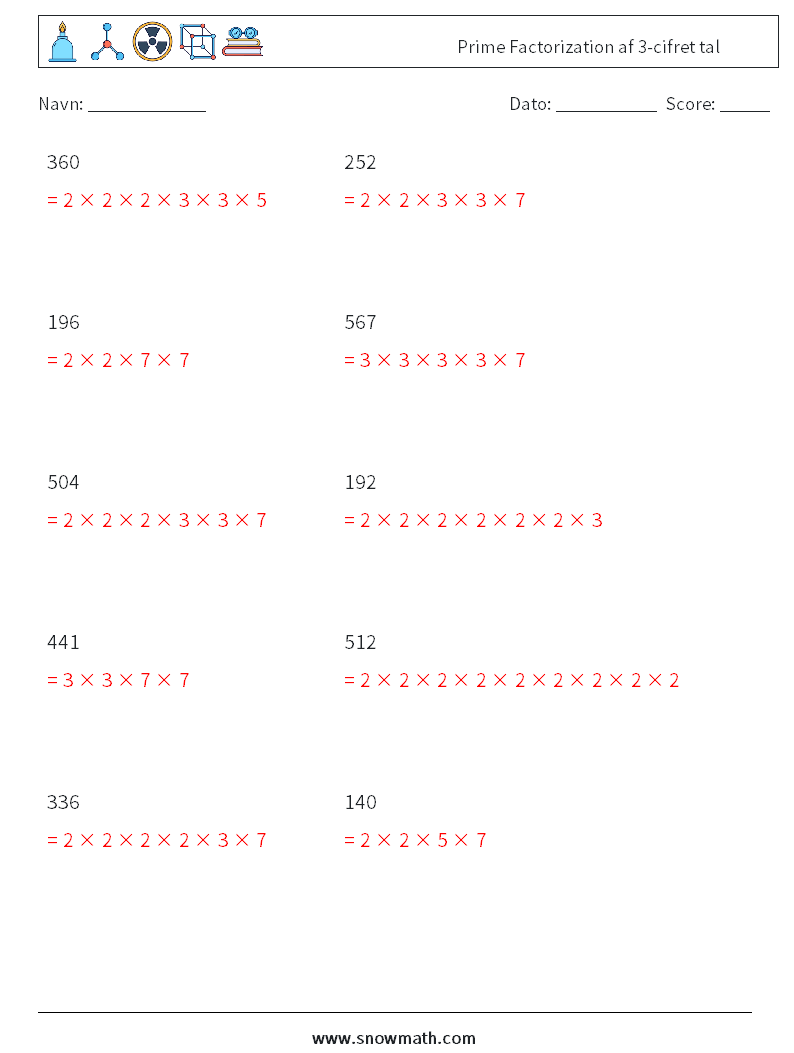 Prime Factorization af 3-cifret tal Matematiske regneark 9 Spørgsmål, svar