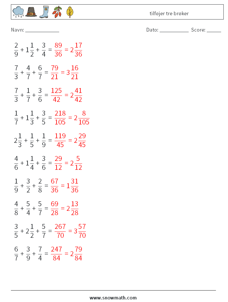 (10) tilføjer tre brøker Matematiske regneark 10 Spørgsmål, svar