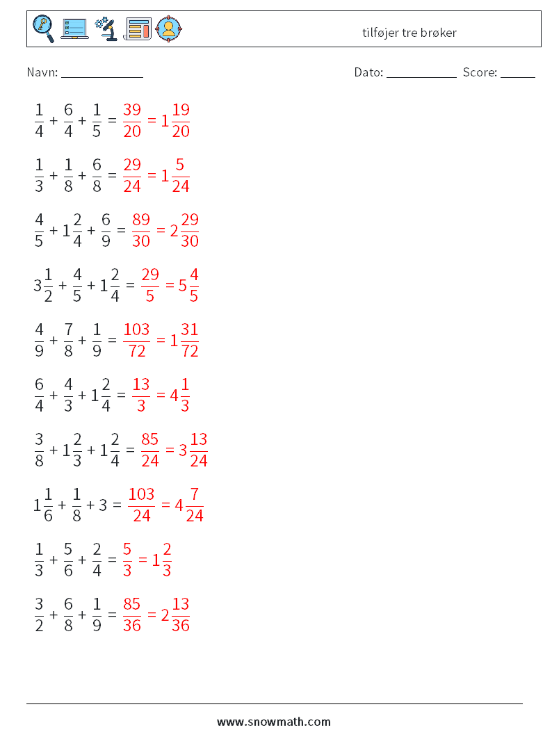 (10) tilføjer tre brøker Matematiske regneark 11 Spørgsmål, svar