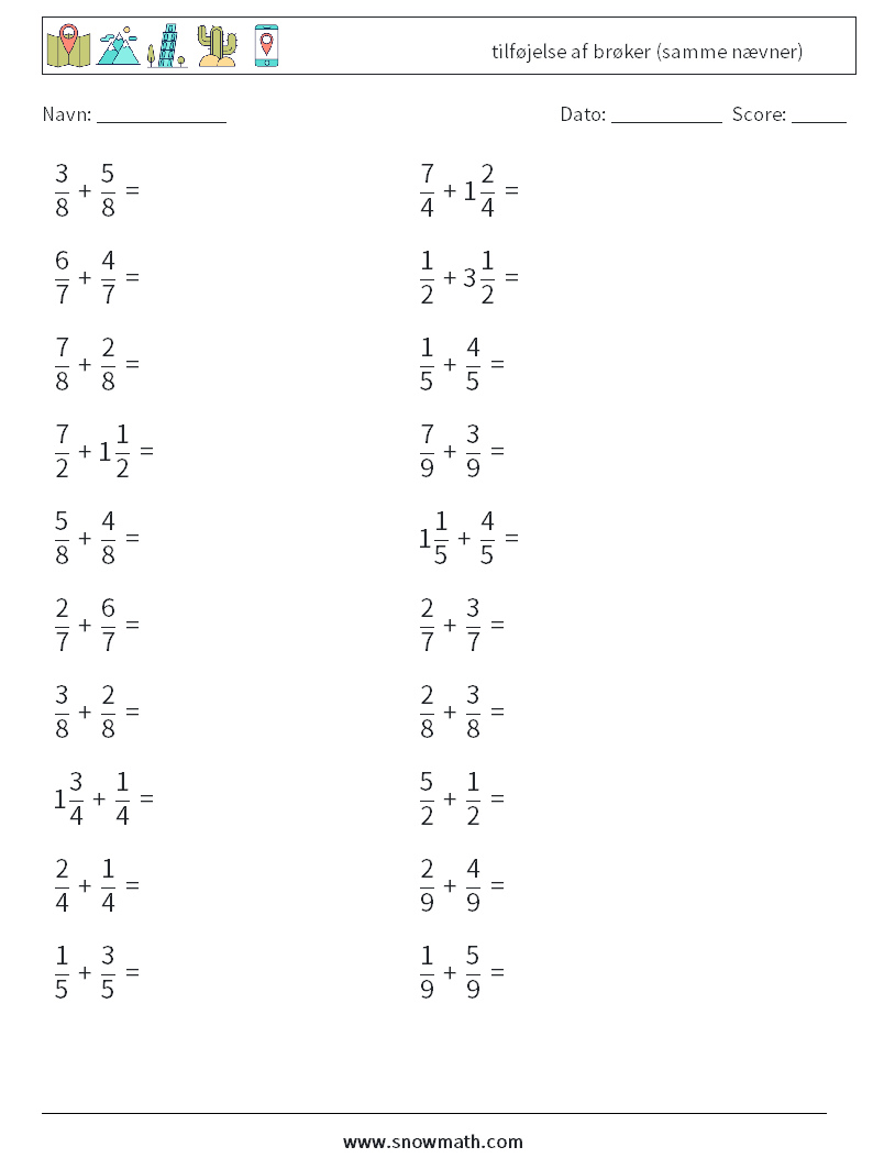 (20) tilføjelse af brøker (samme nævner) Matematiske regneark 10